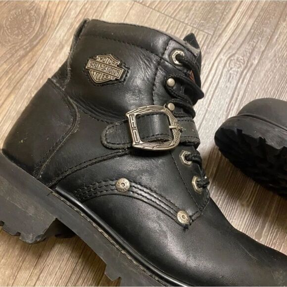 HARLEY DAVIDSONMOTORCYCLESWOMENS LEATHERBIKER BOOTS SZ 8.5STRAP LACE UP - Picture 2 of 8